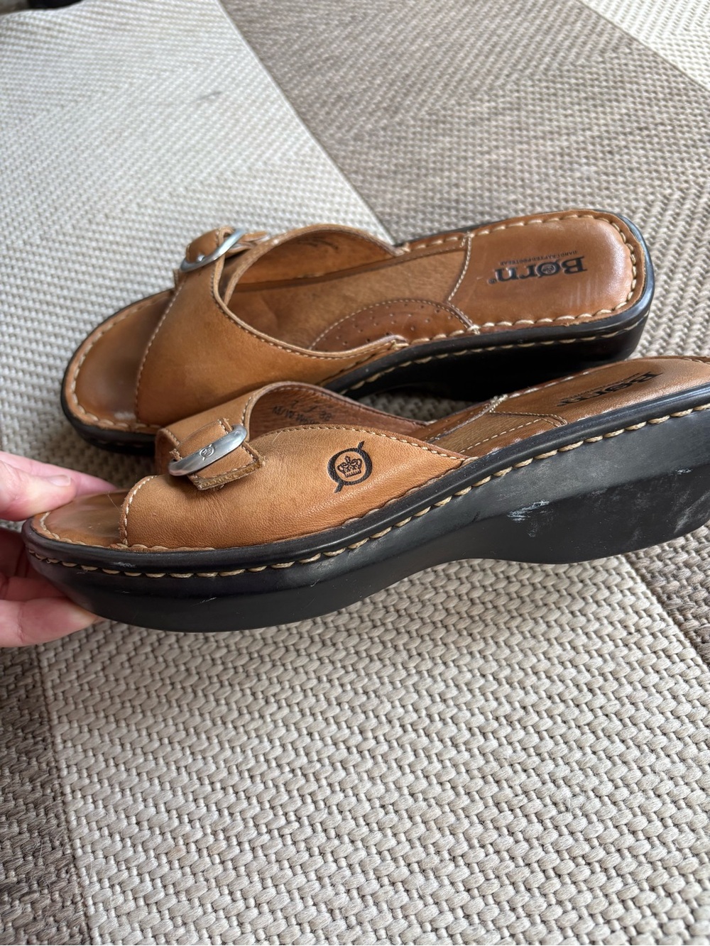 Born Cognac Leather Slide Sandals with Silver Buckles - Picture 2 of 3